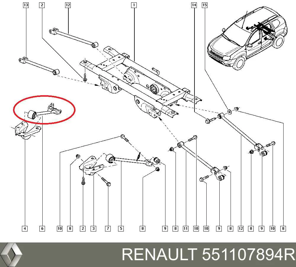 551107894R Renault (RVI) Braço oscilante (tração) longitudinal inferior direito de suspensão traseira