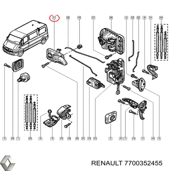 7700352455 Renault (RVI) Maçaneta interna direita da porta lateral (deslizante)