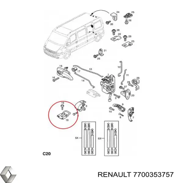 7700353757 Renault (RVI) Gozno de garra (parte complementar) esquerdo superior de fecho da porta traseira batente