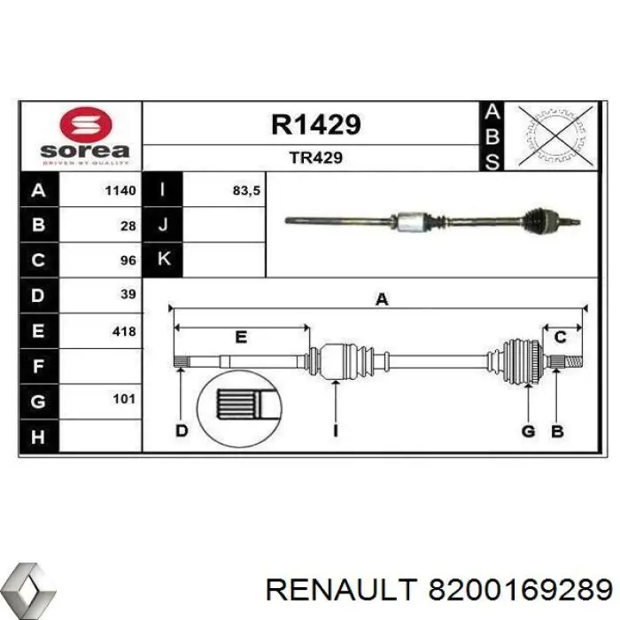 Semieixo (acionador) dianteiro direito Renault (RVI) 8200169289 preço, a partir de 136,03 USD