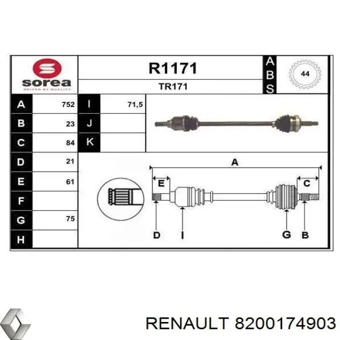 Semieixo traseiro direito Renault (RVI) 8200174903 preço, a partir de 98,92 USD
