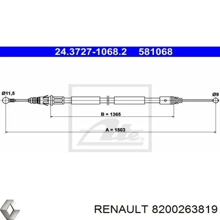 Cabo do freio de estacionamento traseiro esquerdo Renault (RVI) 8200263819 preço, a partir de 15,11 USD