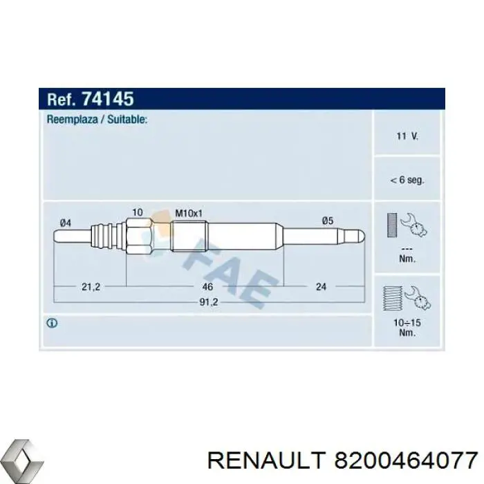 Vela de incandescência Renault (RVI) 8200464077 preço, a partir de 10,12 USD
