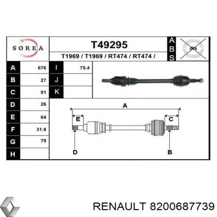 Semieixo (acionador) dianteiro esquerdo Renault (RVI) 8200687739 preço, a partir de 76,54 USD