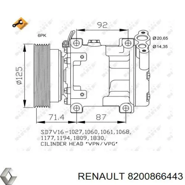 Compressor de aparelho de ar condicionado Renault (RVI) 8200866443 preço, a partir de 153,50 USD