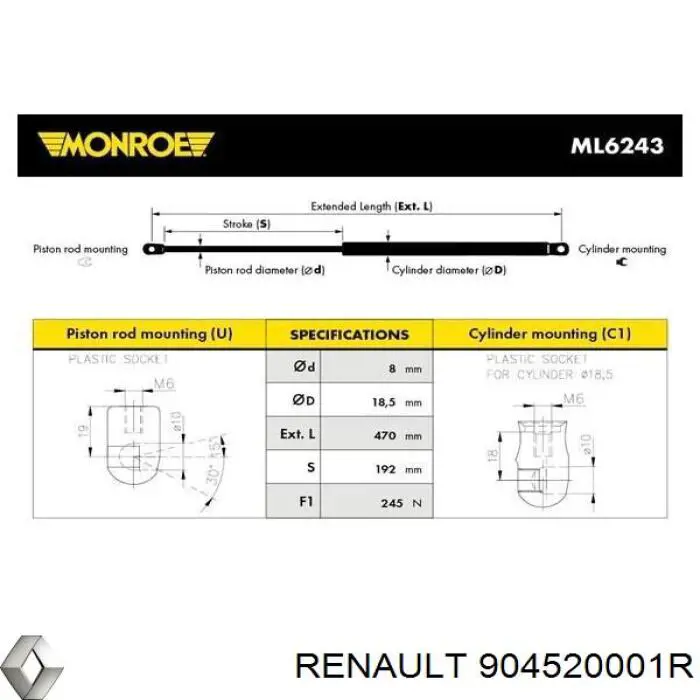 Compre 904520001R Renault (RVI) Amortecedor de tampa de porta-malas (de 3ª/5ª porta traseira)