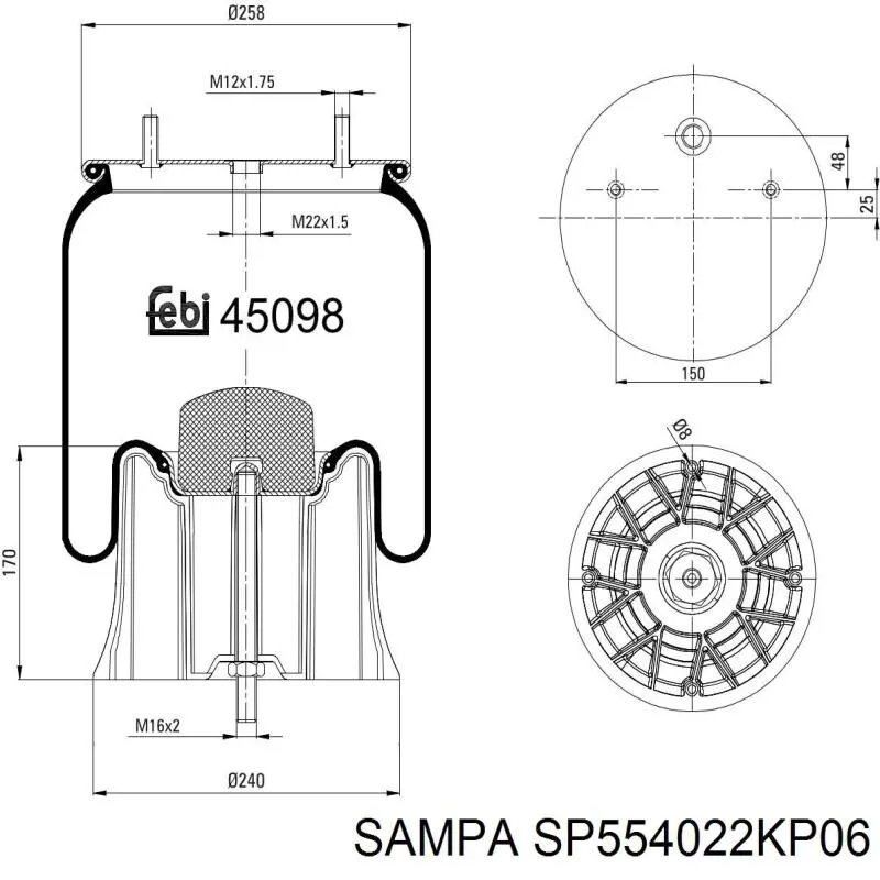 Coxim pneumático (suspensão de lâminas pneumática) do eixo SP554022KP06 Sampa Otomotiv‏