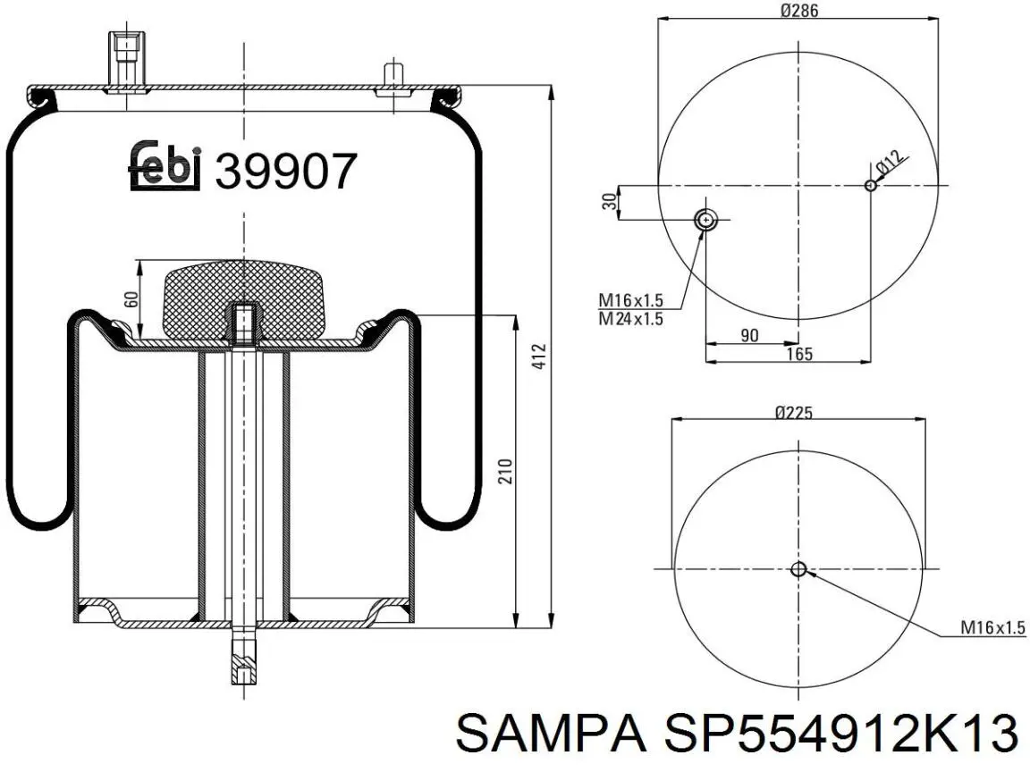 SP554912K13 Sampa Otomotiv‏ Coxim pneumático (suspensão de lâminas pneumática) do eixo traseiro