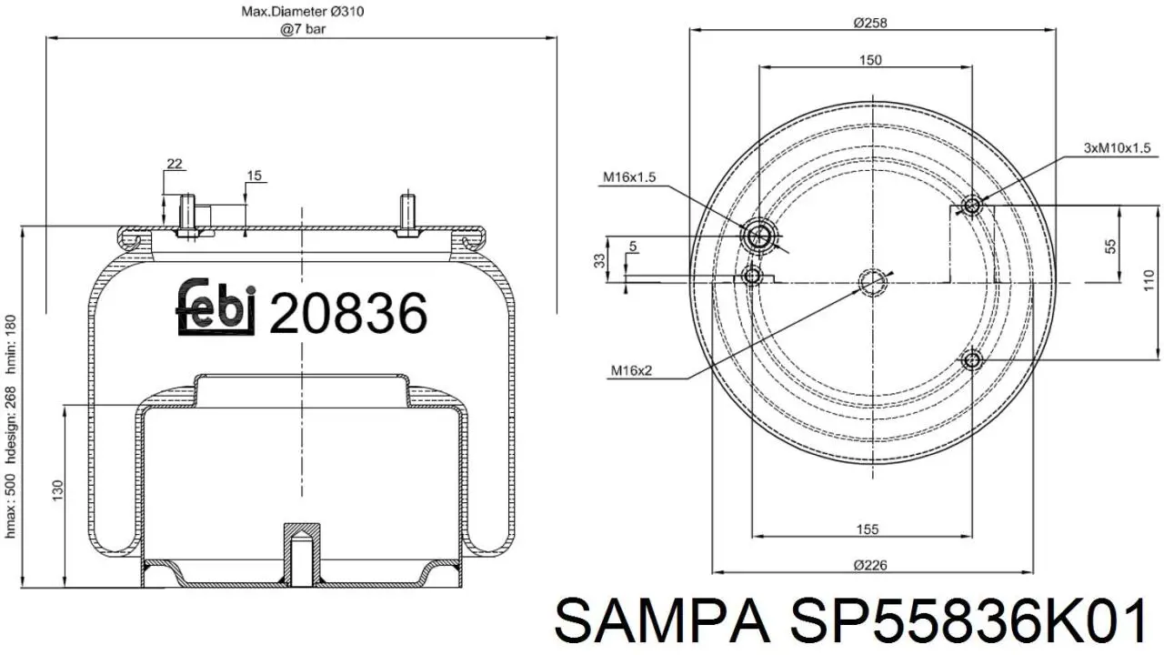Coxim pneumático (suspensão de lâminas pneumática) do eixo traseiro Sampa Otomotiv‏ SP55836K01 preço, a partir de 118,04 USD