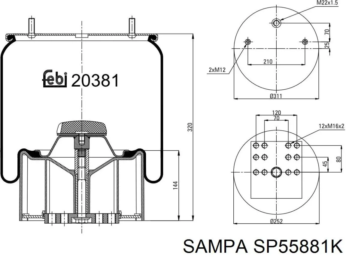 SP55881K Sampa Otomotiv‏ Coxim pneumático (suspensão de lâminas pneumática) do eixo