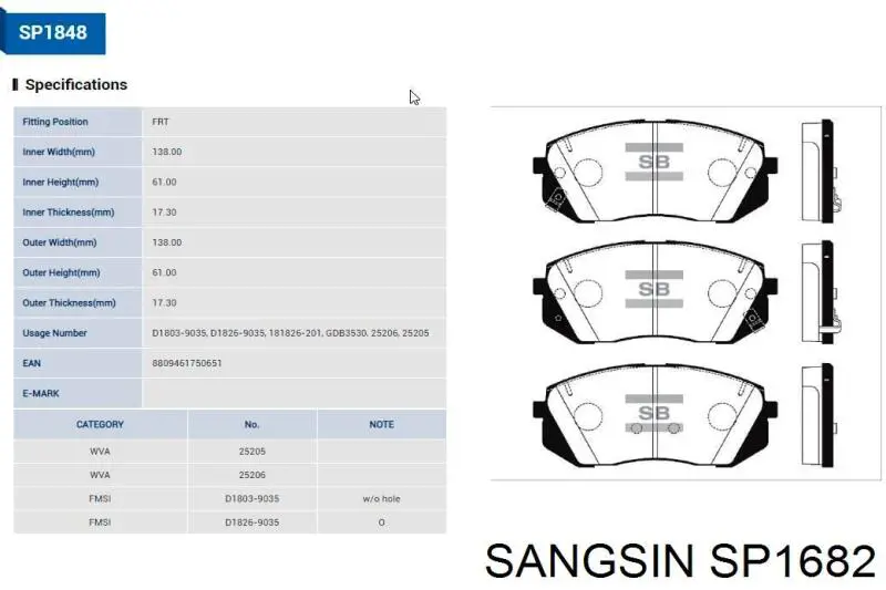SP1682 Sangsin Sapatas do freio dianteiras de disco