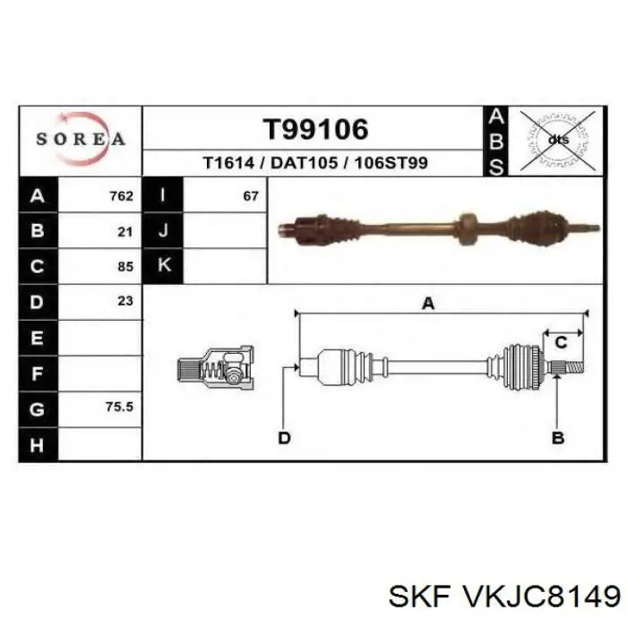 Semieixo (acionador) dianteiro direito SKF VKJC8149 preço, a partir de 100,64 USD