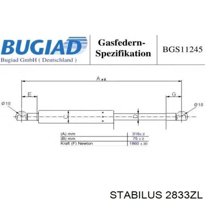 2833ZL Stabilus Amortecedor de tampa de porta-malas (de 3ª/5ª porta traseira)