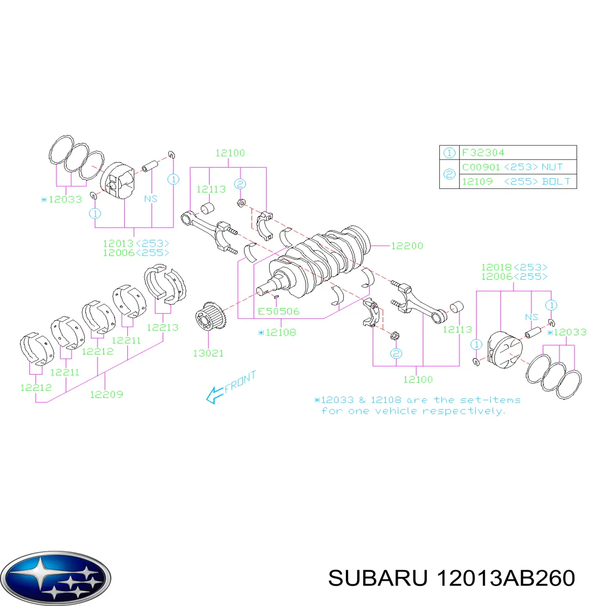 12013AB260 Subaru Pistão com passador sem anéis, STD