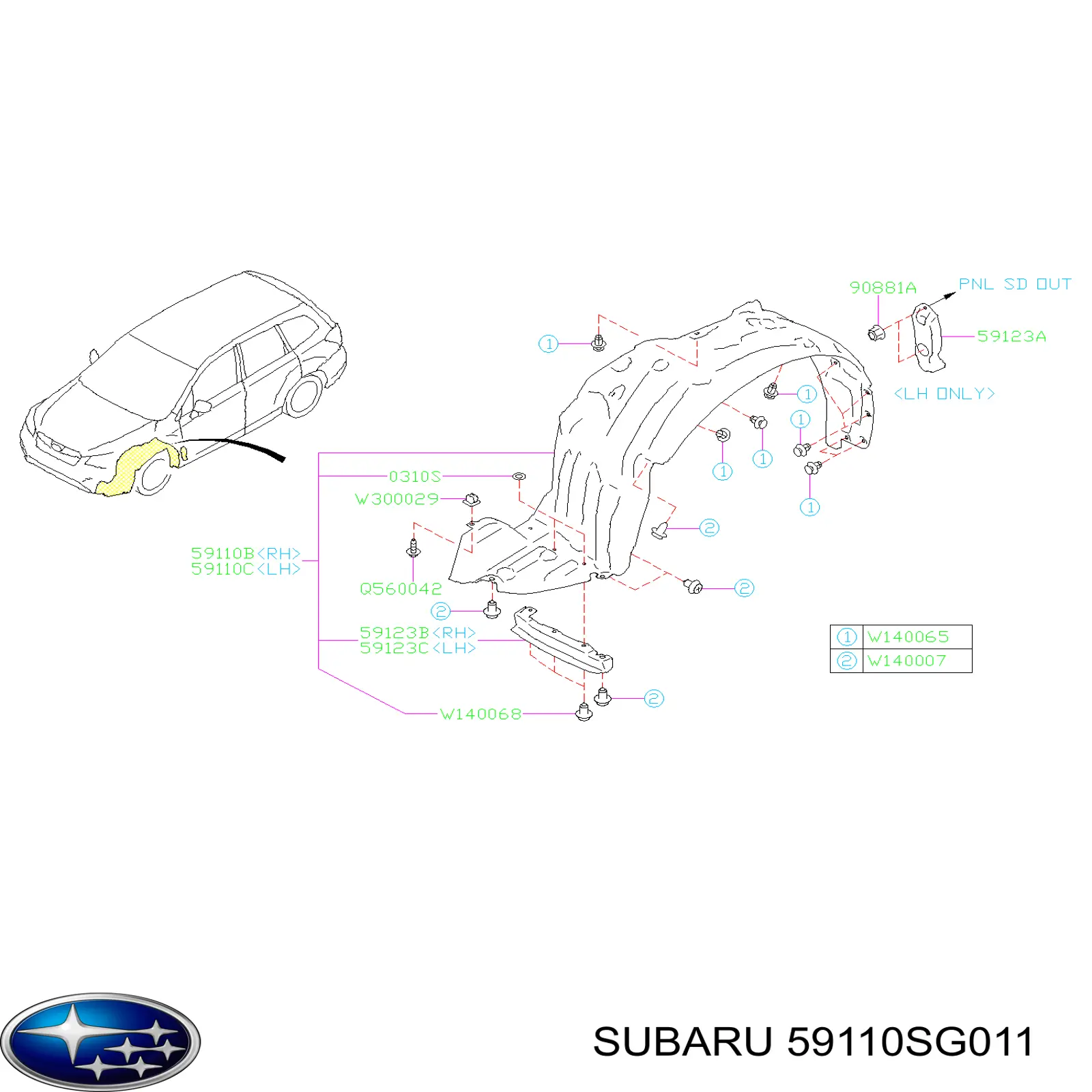 59110SG031 Subaru Guarda-barras esquerdo do pára-lama dianteiro