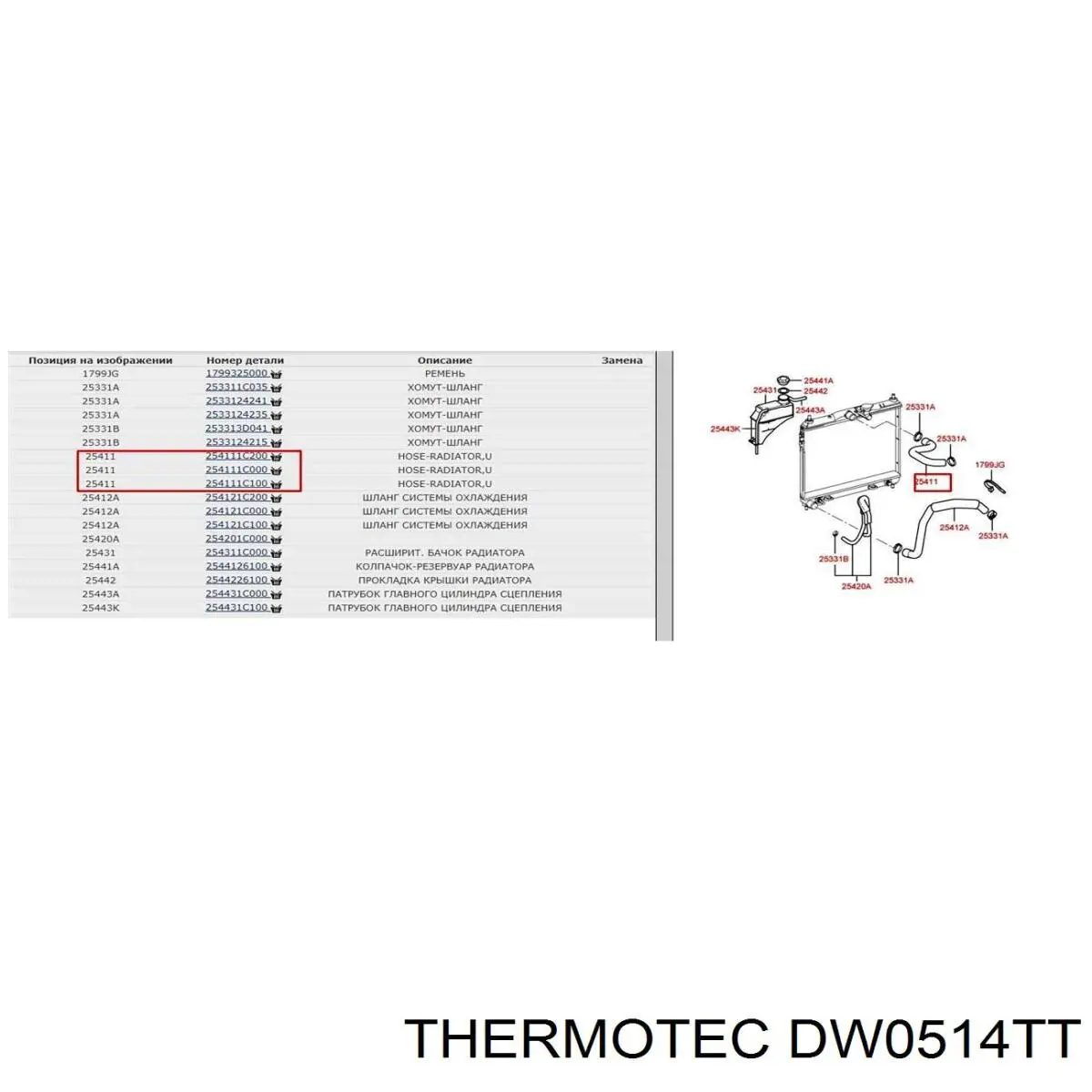 Mangueira (cano derivado) do radiador de esfriamento superior DW0514TT Thermotec