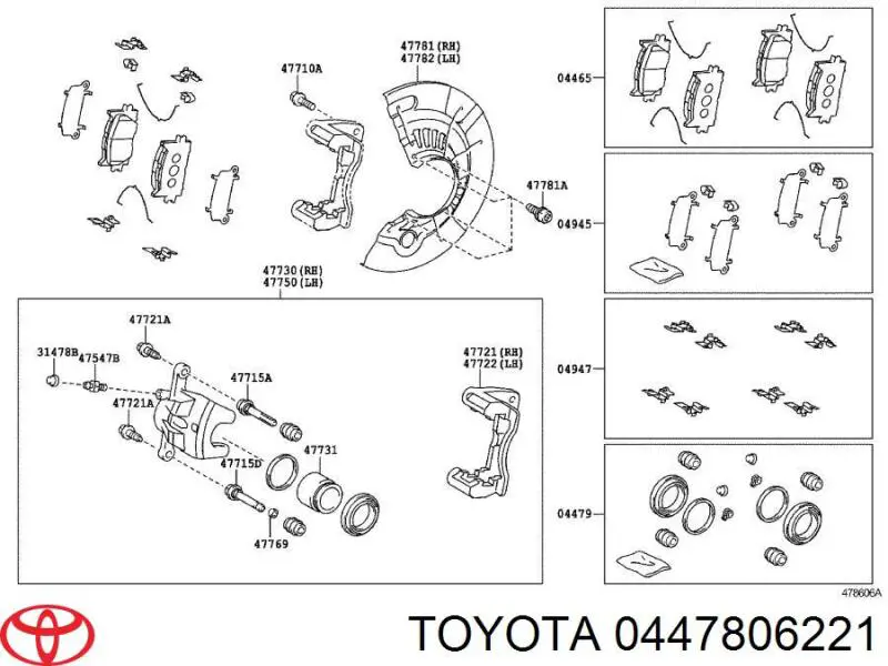 Compre 0447806221 Toyota Kit de reparação de suporte do freio dianteiro