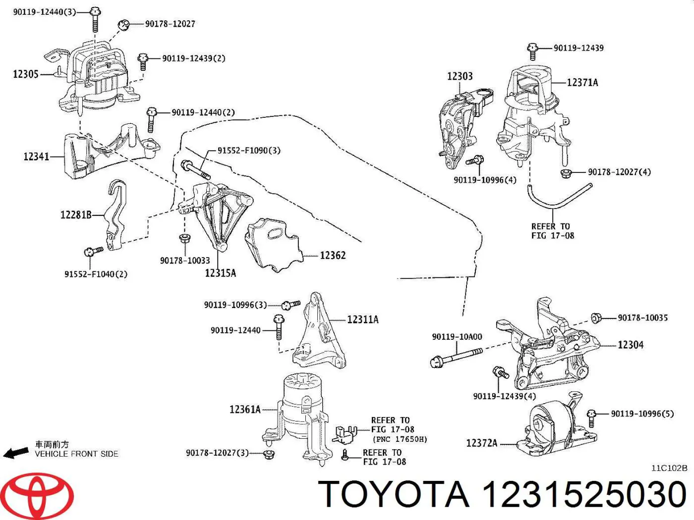 1231525030 Toyota Consola de coxim (apoio) direita de motor