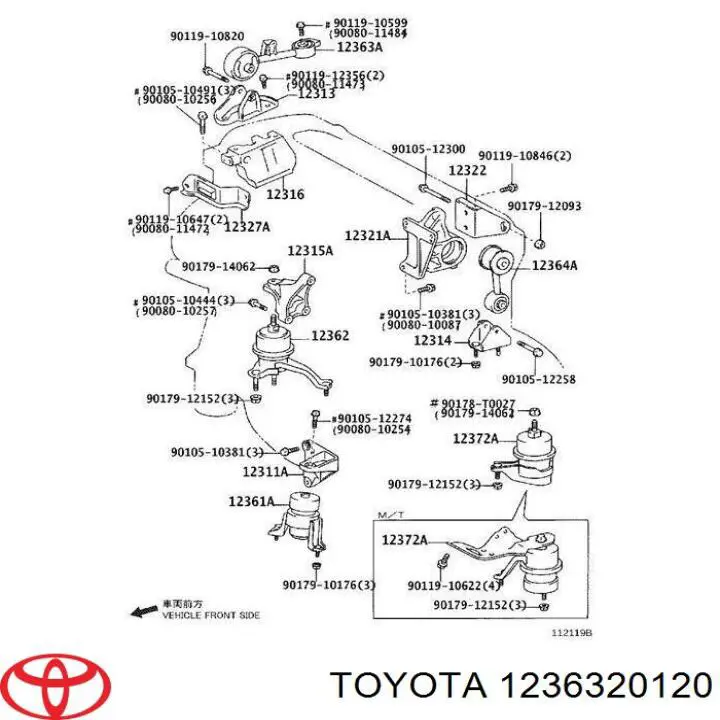 1236320120 Toyota Coxim (suporte) direito superior de motor