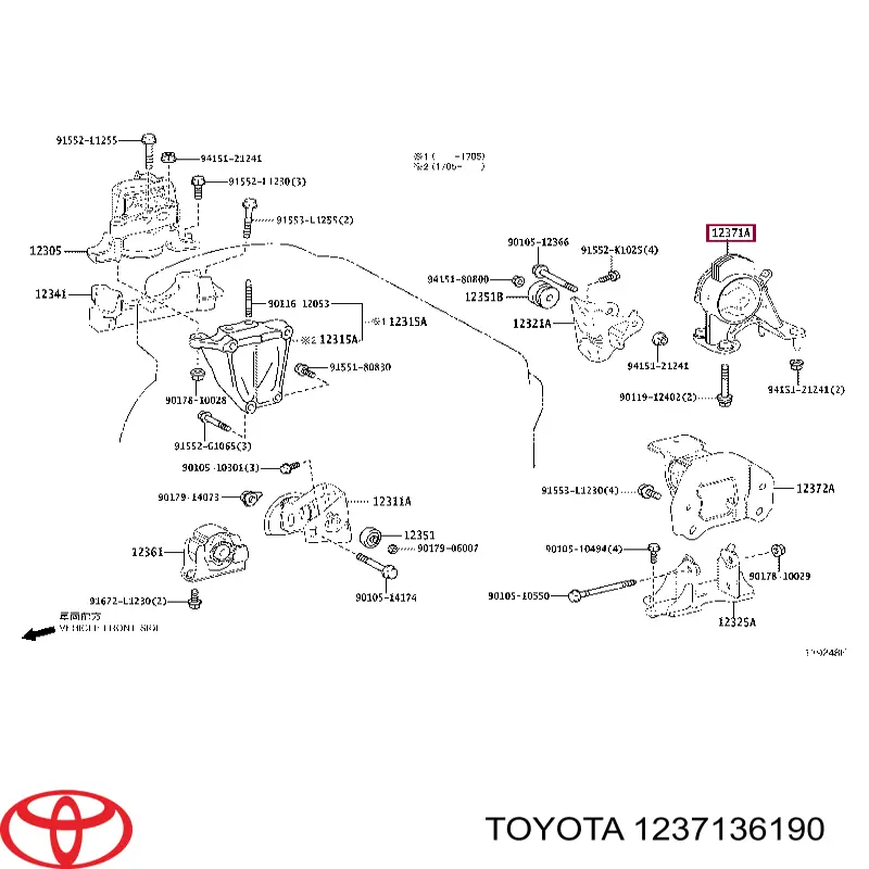 1237136190 Toyota Coxim (suporte) traseiro de motor