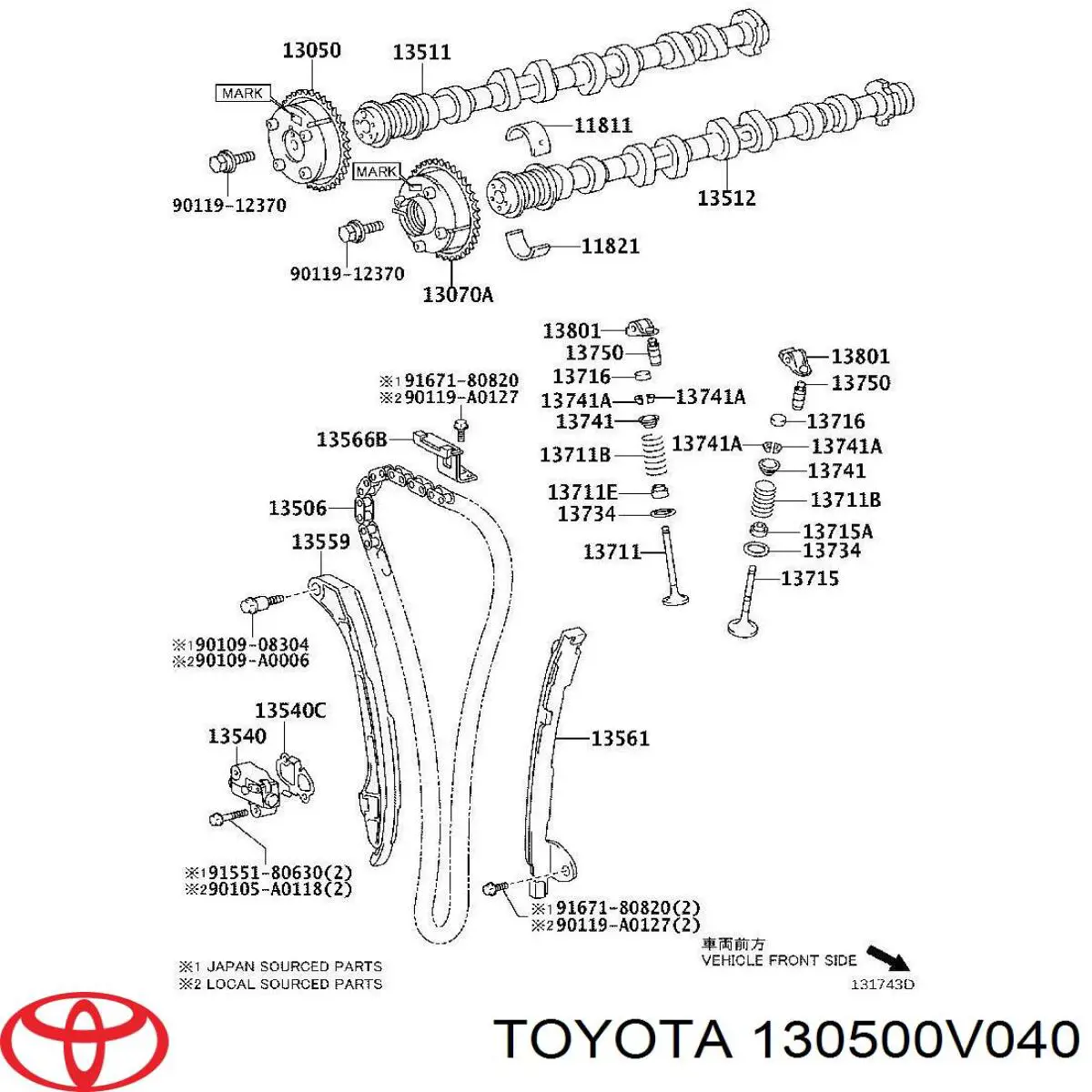 130500V040 Toyota Engrenagem de cadeia de roda dentada da árvore distribuidora direita de motor