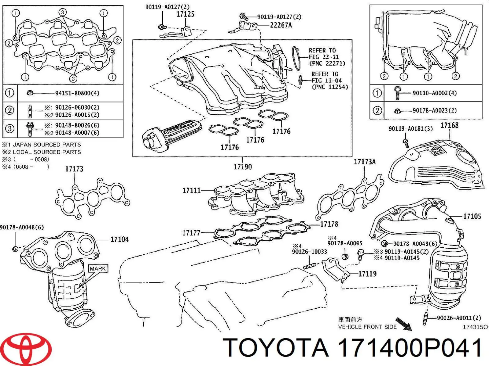 171400P041 Toyota Tubo coletor de escape direito