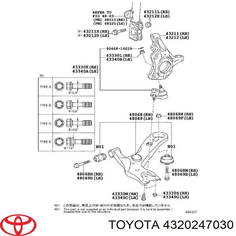 4320247030 Toyota Pino moente (extremidade do eixo) dianteiro esquerdo