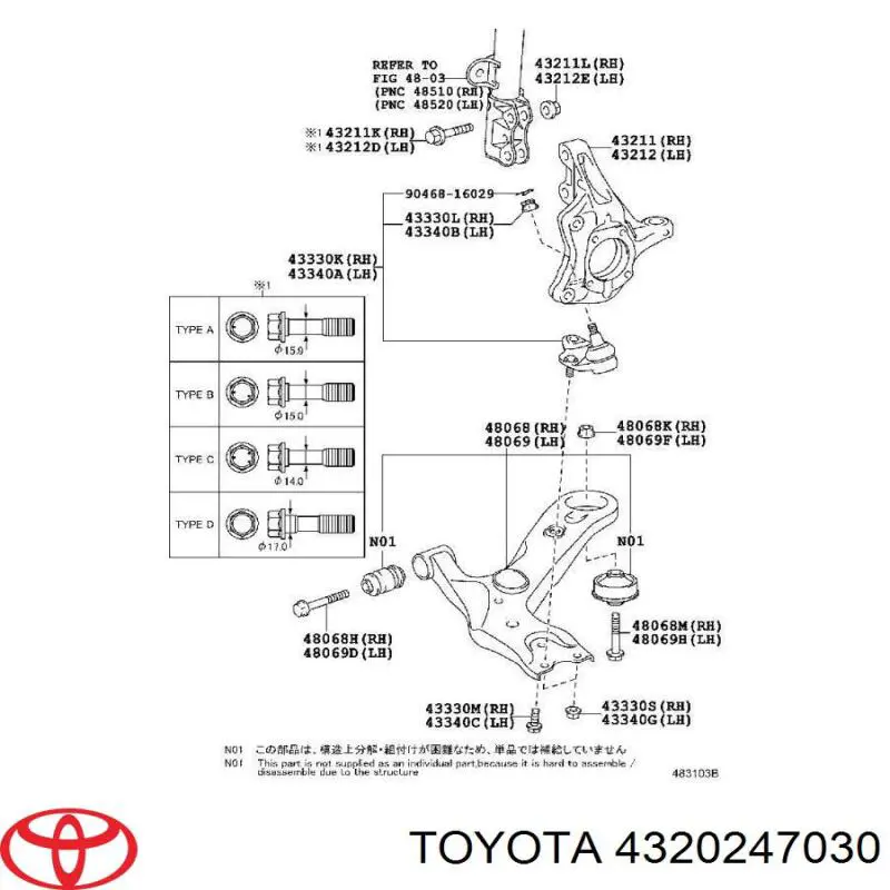 Pino moente (extremidade do eixo) dianteiro esquerdo Toyota 4320247030 preço, a partir de 93,72 USD