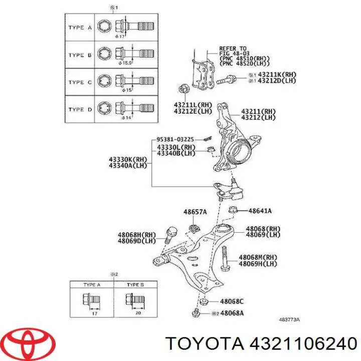 4321106240 Toyota Pino moente (extremidade do eixo) dianteiro direito