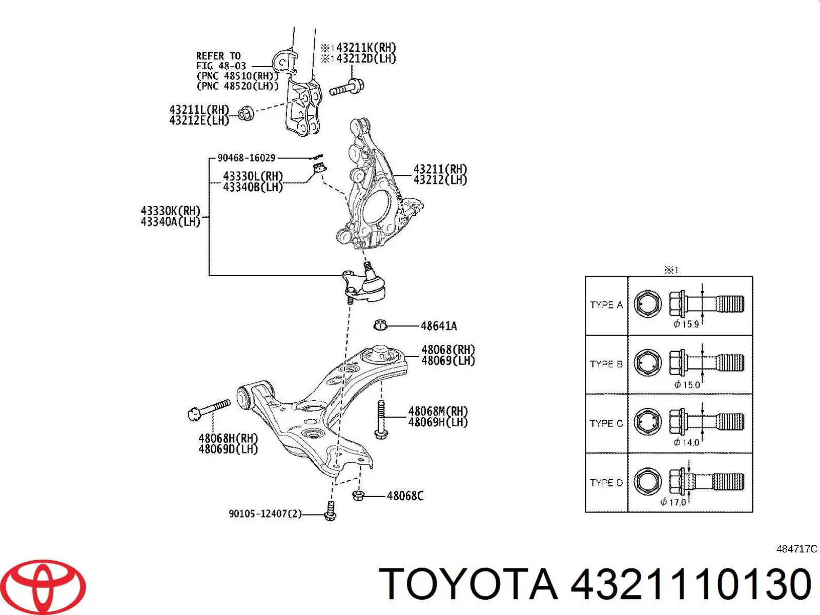 4321110130 Toyota Pino moente (extremidade do eixo) dianteiro direito