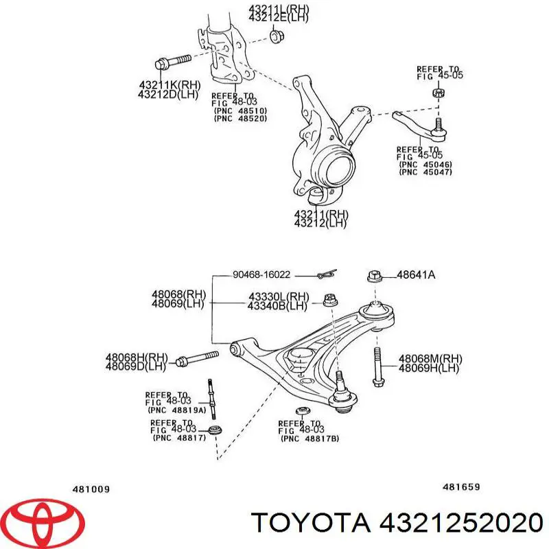 Pino moente (extremidade do eixo) dianteiro esquerdo Toyota 4321252020 preço, a partir de 80,02 USD
