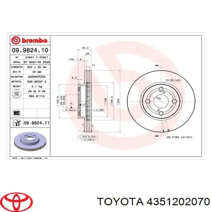4351202070 Toyota Disco do freio dianteiro