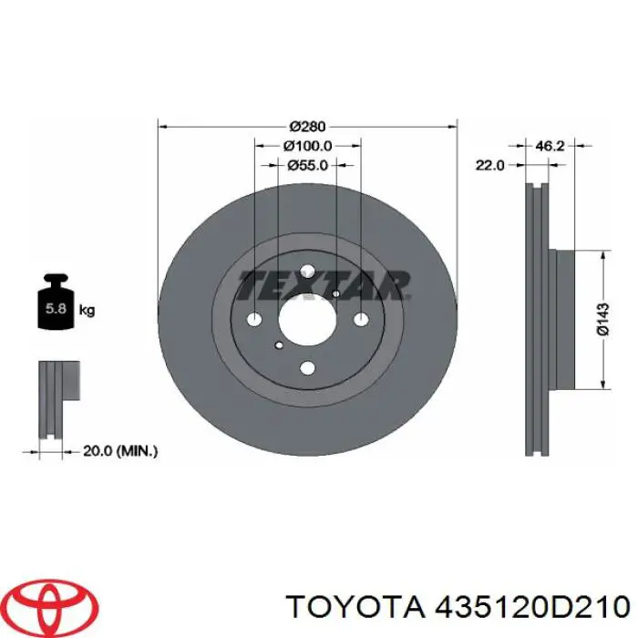 435120D210 Toyota Disco do freio dianteiro