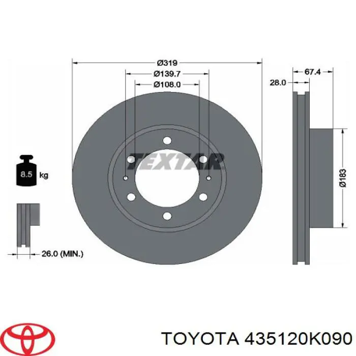 Disco do freio dianteiro 435120K090 Toyota