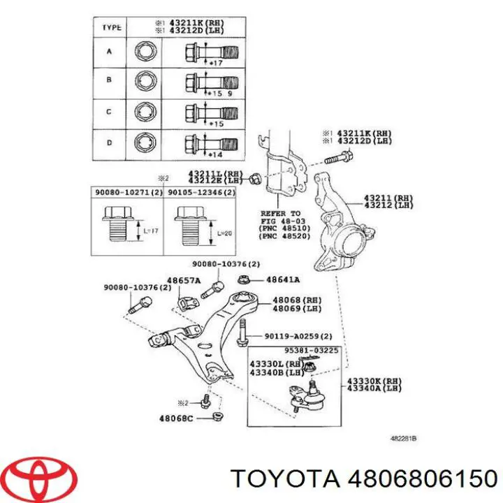 Braço oscilante inferior direito de suspensão dianteira Toyota 4806806150 preço, a partir de 142,30 USD