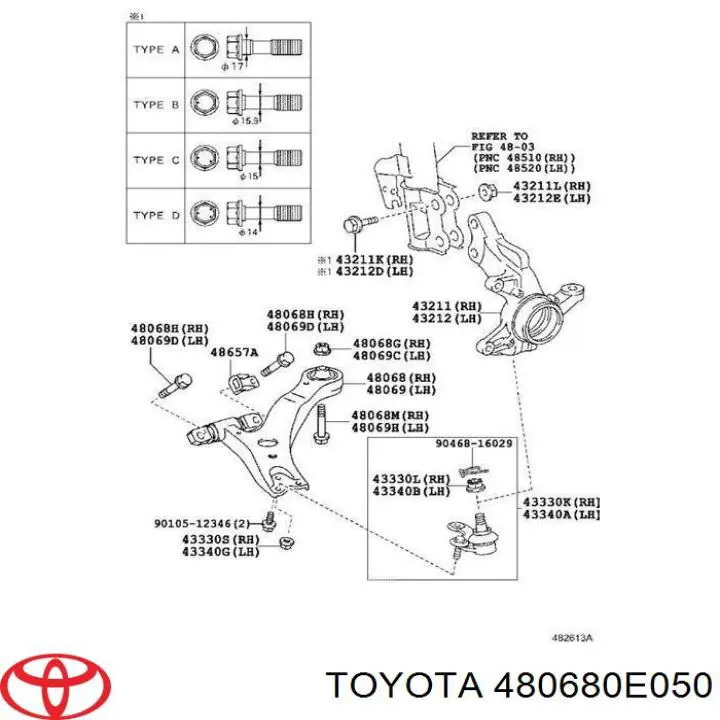 Braço oscilante inferior direito de suspensão dianteira Toyota 480680E050 preço, a partir de 96,73 USD