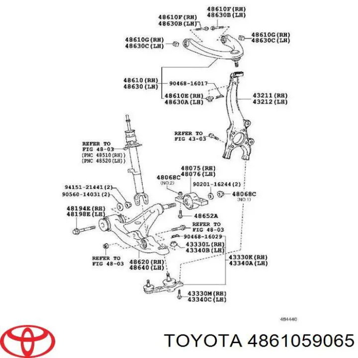 4861059065 Toyota Braço oscilante superior direito de suspensão dianteira