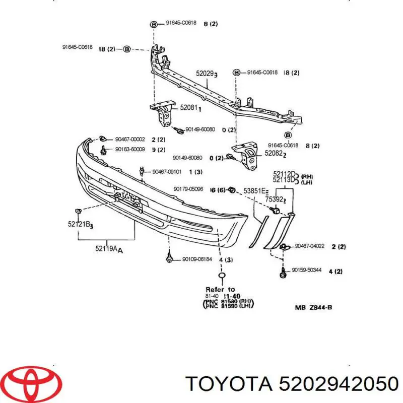5202942050 Toyota Reforçador do pára-choque dianteiro