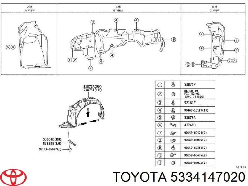5334147020 Toyota Isolamento de ruído da capota