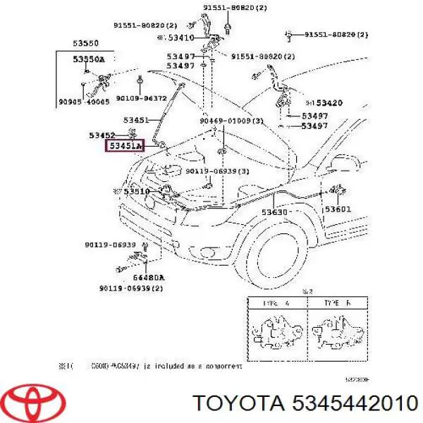 5345442010 Toyota Fixador de suporte da capota