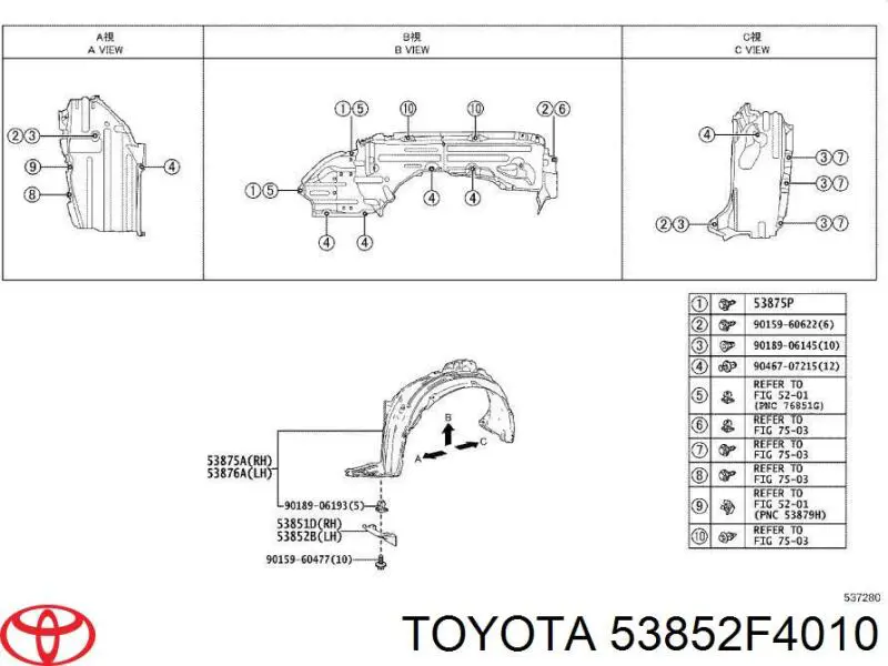 53852F4010 Toyota Protetor de lama esquerdo do pára-choque dianteiro