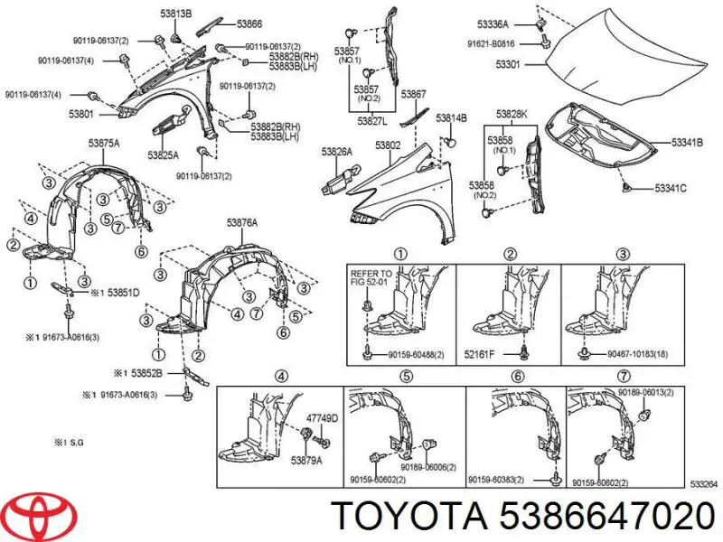 5386647020 Toyota Placa sobreposta do pára-lama dianteiro direito