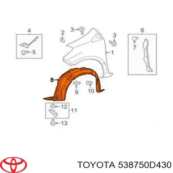 Guarda-barras direito do pára-lama dianteiro Toyota 538750D430 preço, a partir de 150,86 USD