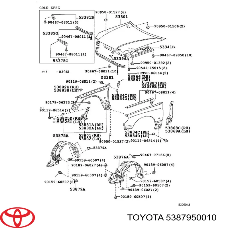 Cápsula (prendedor) de fixação do forro do pára-choque do pára-lama dianteiro Toyota 5387950010 preço, a partir de 2,22 USD