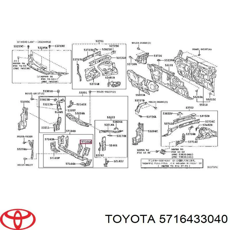 5716433040 Toyota Suporte do radiador vertical (painel de montagem de fixação das luzes)