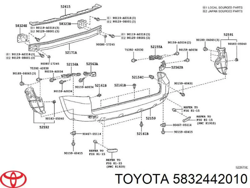 5832442010 Toyota Consola de reforçador do pára-choque traseiro