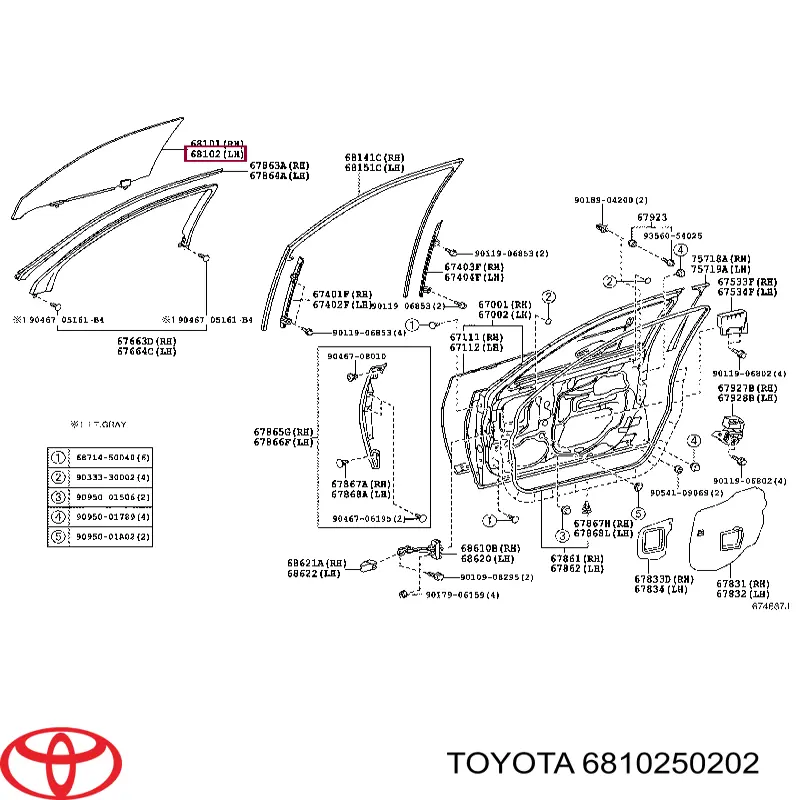 6810250200 Toyota Vidro da porta dianteira esquerda