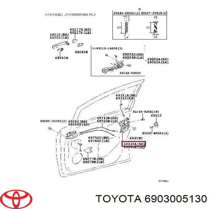 6903005130 Toyota Fecho da porta dianteira direita