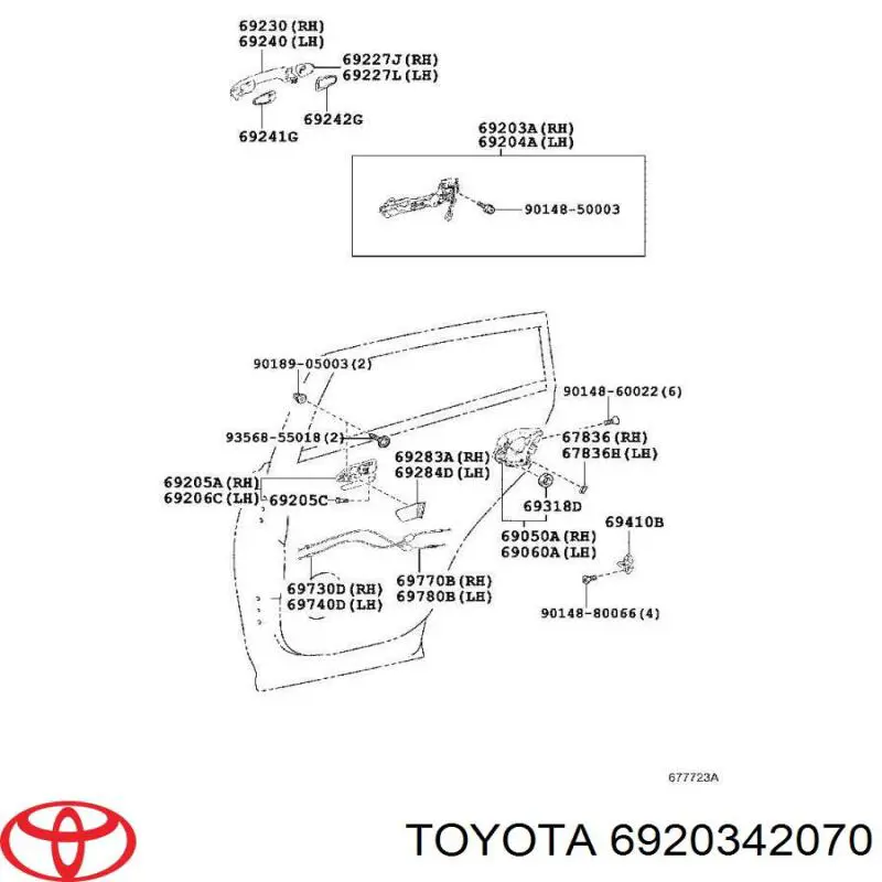 6920342070 Toyota Suporte de maçaneta externa da porta traseira direita