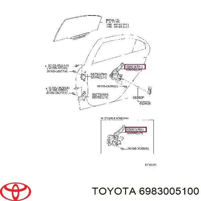6983005100 Toyota Mecanismo de acionamento de vidro da porta traseira direita